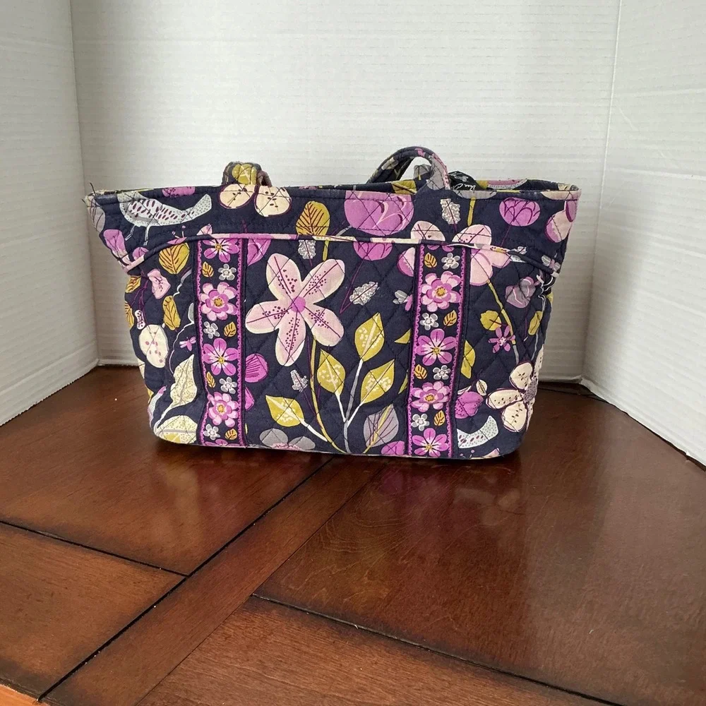 Vera Bradley Plum Nightingale Crazy Quilted Cotton Tote Bag Purple Floral Zip - Picture 2 of 7
